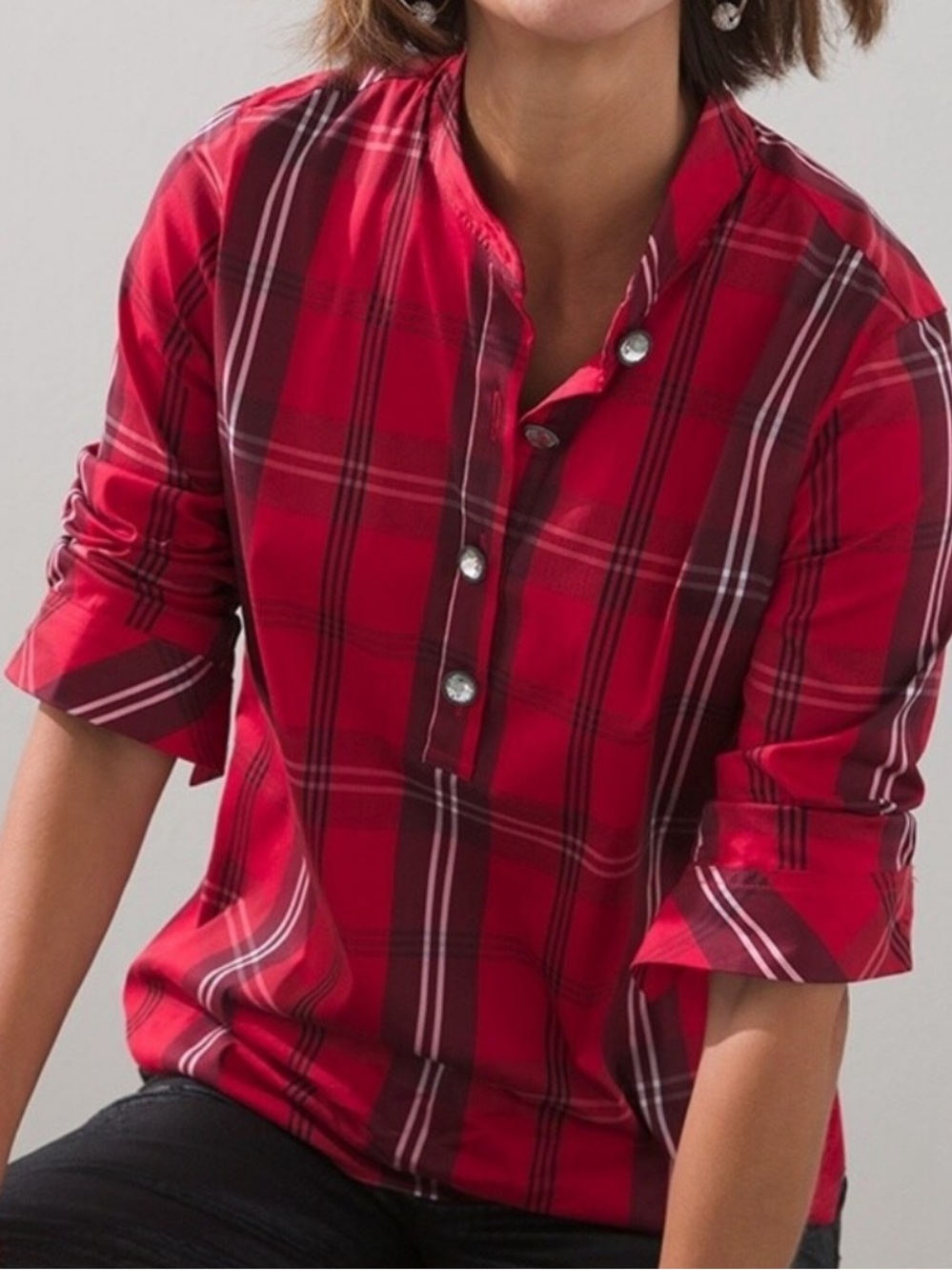 Chico's Red Plaid Crystal Bling Holiday Christmas Blouse Button Down 3 XL 16 18 - Picture 1 of 16